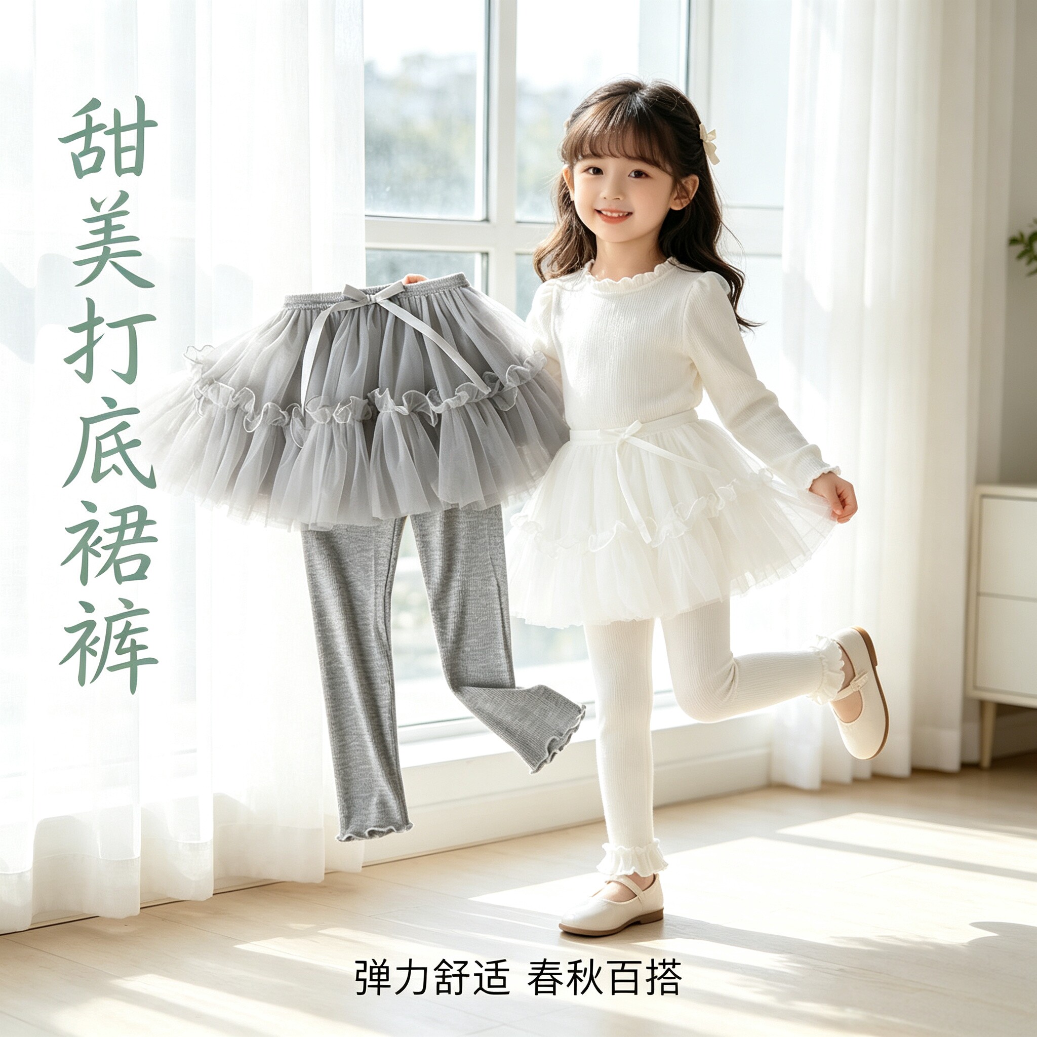 女童裙裤打底裤春款裤子儿童肉裤网纱裙假两件连裤针织打底裤外穿图片