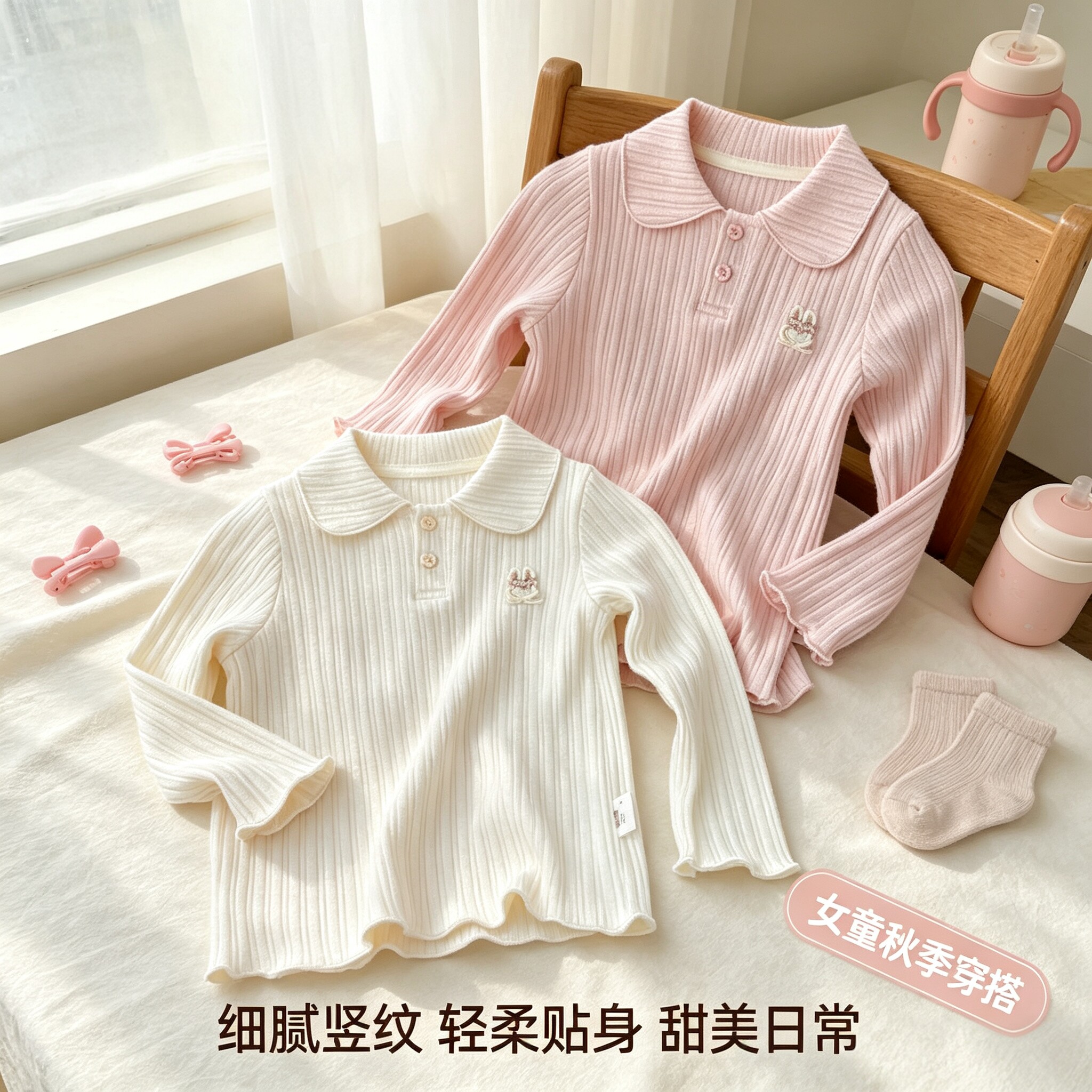 女童娃娃领打底衫春秋装新款儿童长袖T恤薄款洋气女宝宝翻领上衣图片