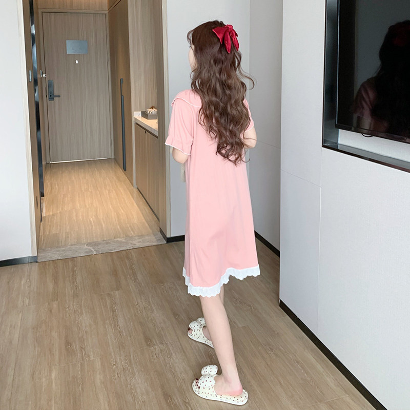 여성을위한 반팔 잠옷 여름 얇은 순수 코튼 2022 새로운 귀여운 핑크 학생 공주 홈웨어 파자마 드레스
