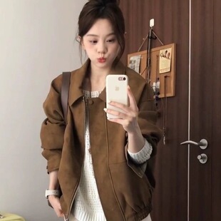 棕色复古麂皮绒翻领外套高级感休闲夹 内里 加厚300克麂皮面料