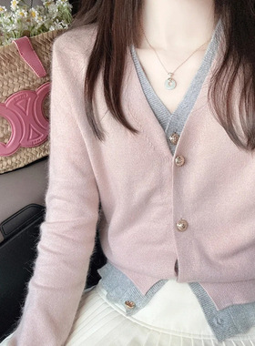 甜美舒适法式小香风假两件v领针织开衫设计感毛衣小个子粉色上衣