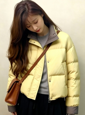 韩系黄色撞色棉服女士短款高端洋气小个子2025巨好看的冬装外套冬