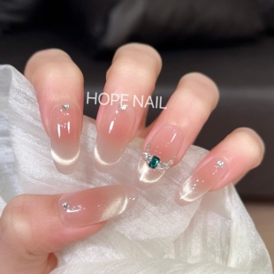 【绿翡】贵气轻奢法式猫眼手工穿戴甲祖母绿施华洛钻气质美甲贴片