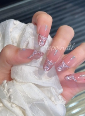 【草莓碎碎冰】纯手工穿戴甲满手锆石钻爆闪高级感显白中长款美甲