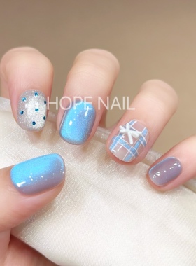 【雾蓝星轨】纯欲冰透蓝色猫眼手工穿戴甲可爱波点蝴蝶结短甲美甲