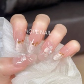 冰透溜边法式 奶油山茶 雕花手工穿戴甲高级温柔显白气质美甲贴