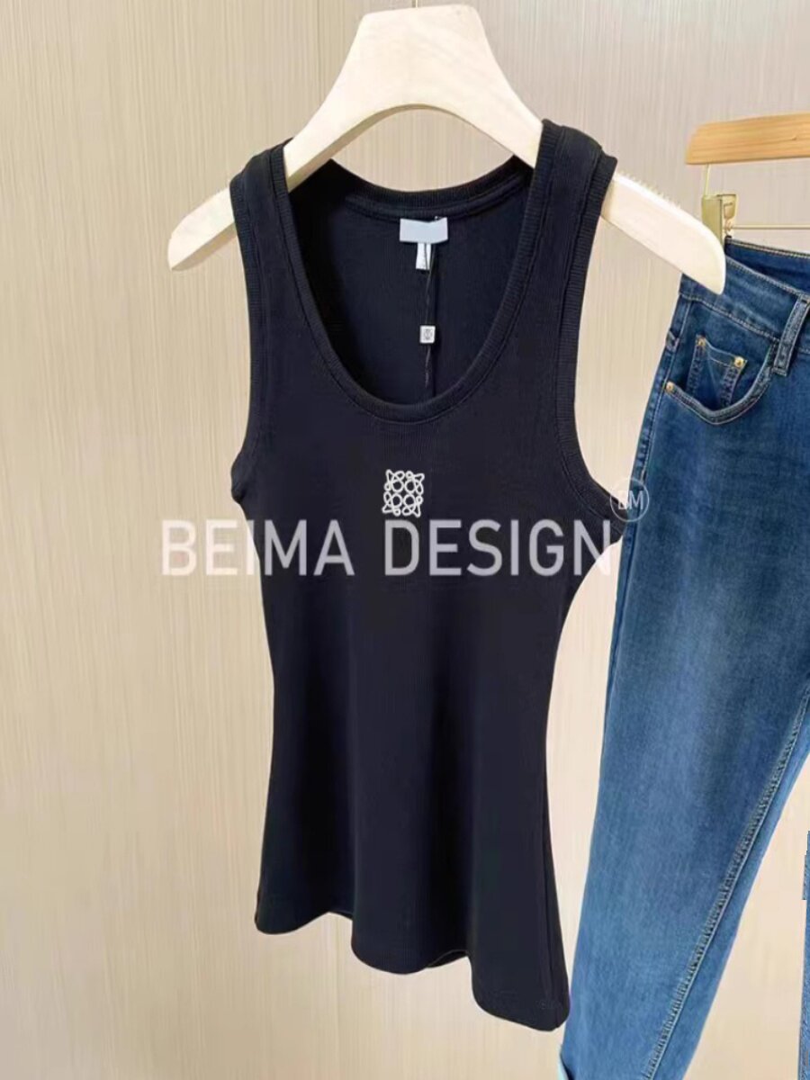 thumbnail for Worn alone, it looks good with contrast embroidered cotton sleeveless vest, and the women's decoration is versatile black and white stretch undershirt