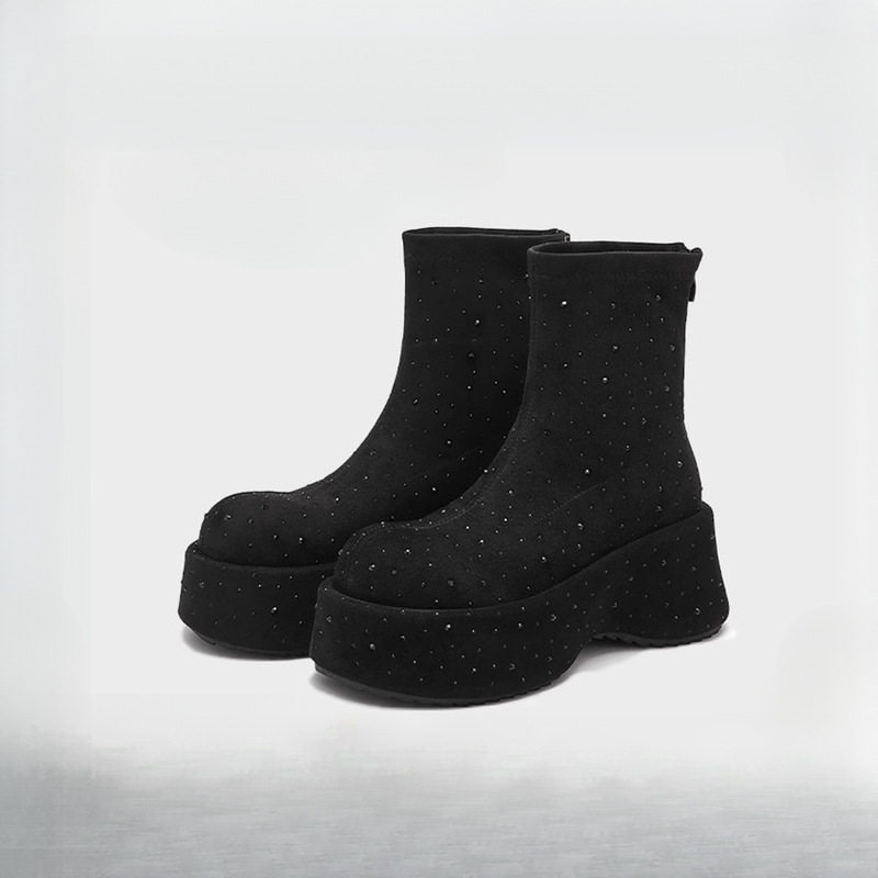 厚底黑色弹力靴冬季加绒加厚复古