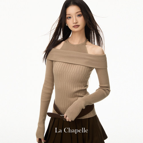 拉夏贝尔假两件一字肩长袖针织衫