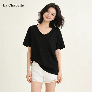 拉夏贝尔极简风纯棉V领宽松短袖T恤女2026春新款爆款显瘦口袋上衣