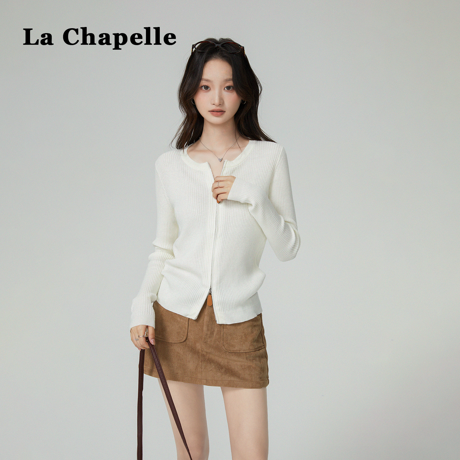 拉夏贝尔双拉链圆领针织开衫外套