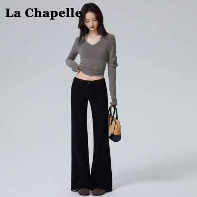 拉夏贝尔超好看黑色微喇牛仔裤女