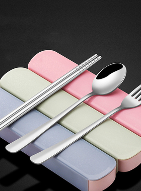 便携餐具三件套筷子叉子勺子套装不锈钢单人装筷子学生外带收纳盒