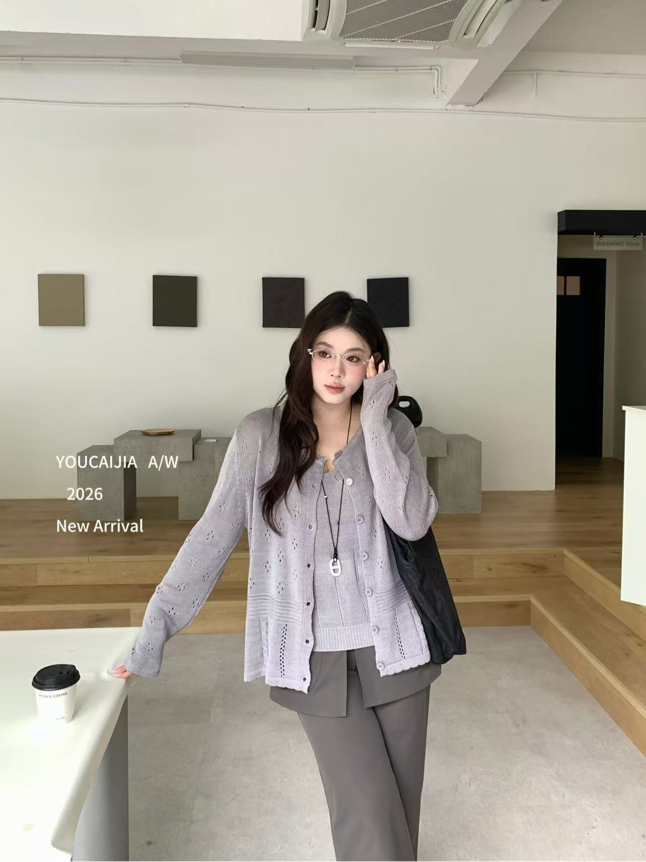 油菜家YZ3396#超好看吊带镂空针织外套  黑 灰 杏 卡其 橘 红 ML