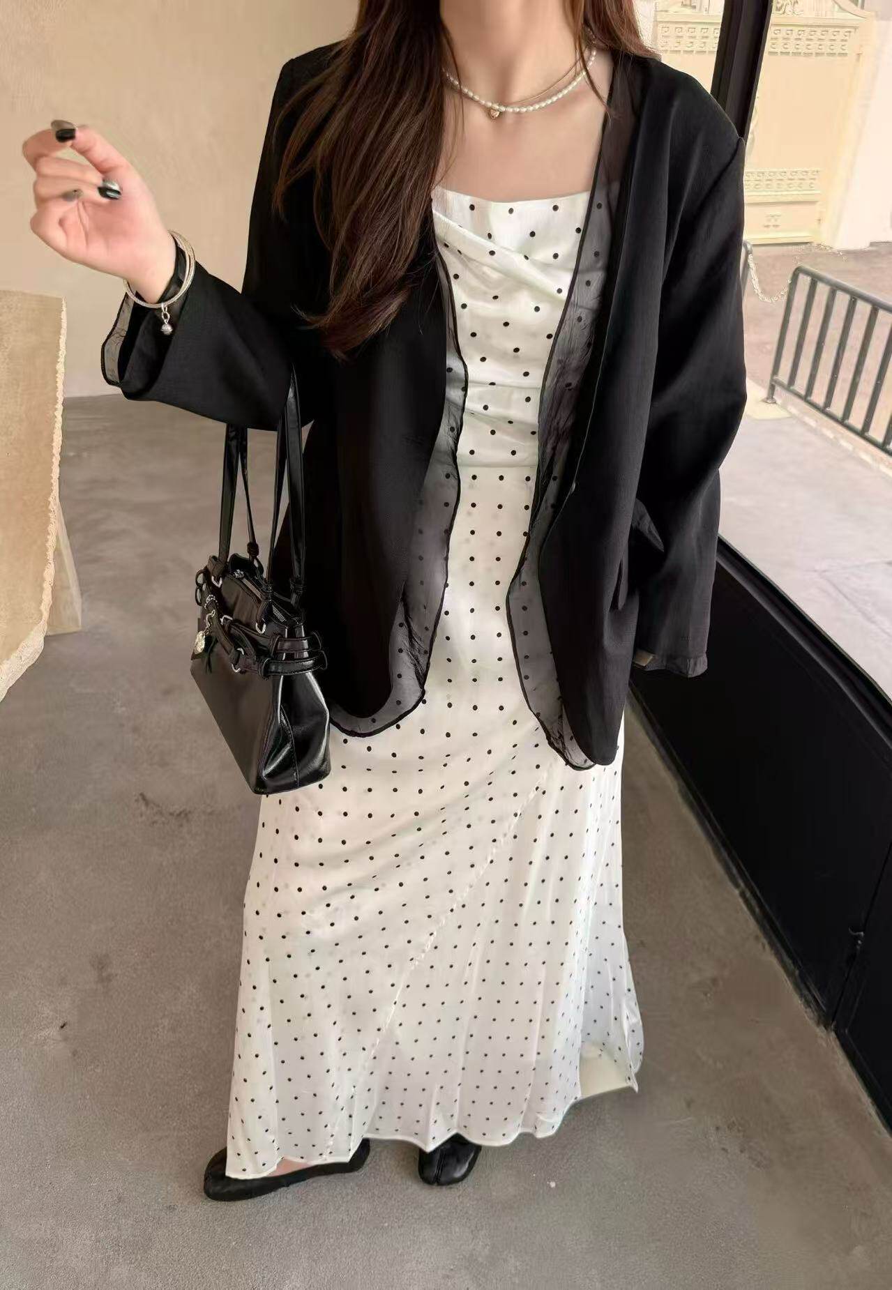 一柠家30233#波点吊带连衣裙 咖  杏 XL～3XL