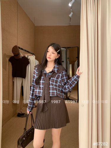 1987家67282#格子衬衫+裙子 咖色 黑色   1  2码