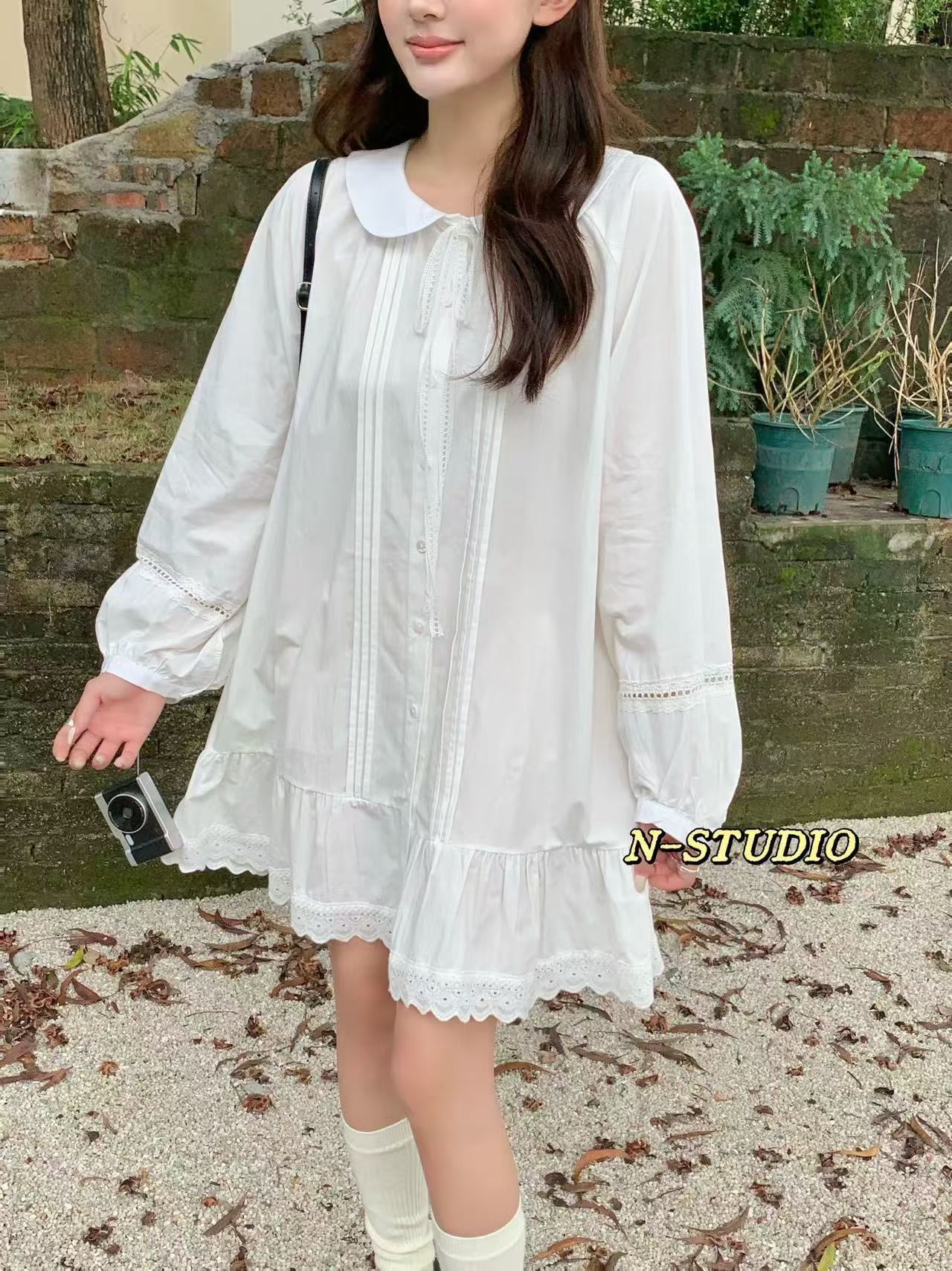 N家F6062#系绳娃娃领衬衫裙 颜色:白色、蓝色 尺码:M、L图片