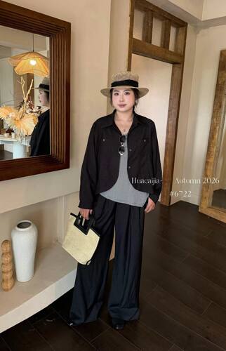 花菜家6722#开衫＋衬衫条纹吊带＋裤子三件套 咖 黑 灰 XL～3XL