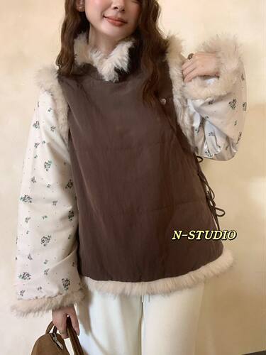 N家F6529#国风碎花拼接毛毛外套929 咖色  粉色 M-XL