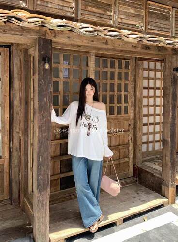 S+sister家19758#KT印花露肩T 灰色   米白   杏色 均码
