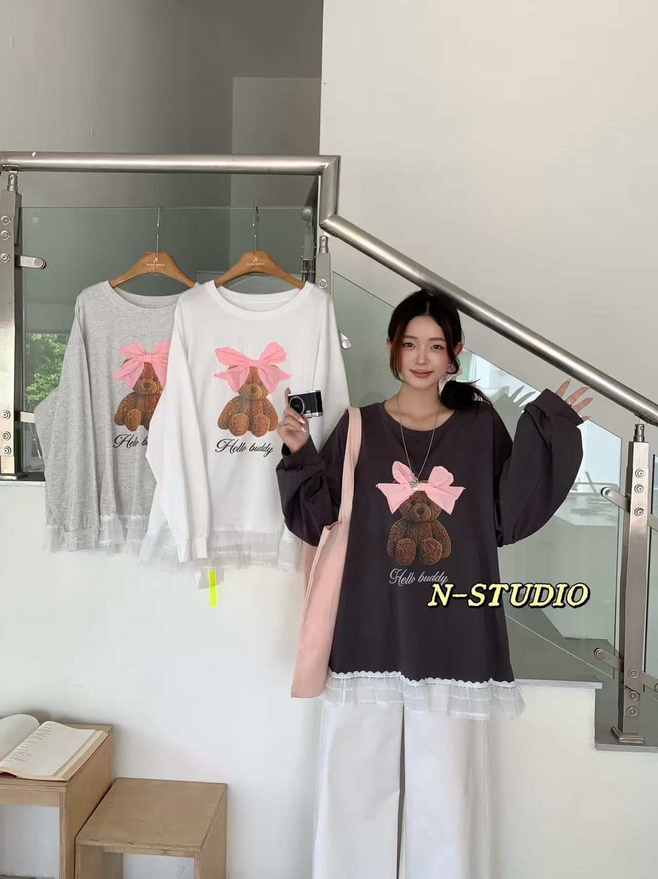 N家W4276#小熊花边卫衣 灰 白  咖 M L图片