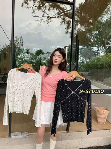 N家F6124#纯欲蝴蝶结波点打底衫 黑色、白色、粉色 M、L、XL、XXL