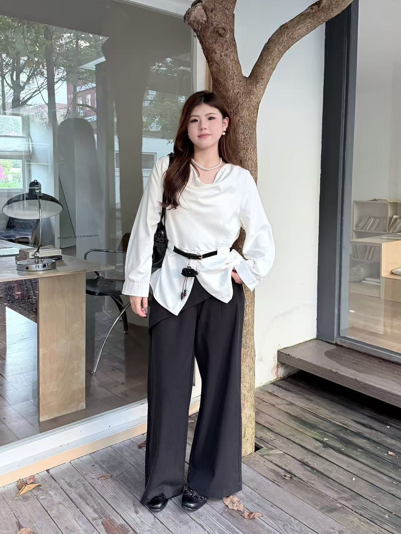 一柠家Q60050#荡领长袖上衣 卡其  杏 1xl  2xl  3xl