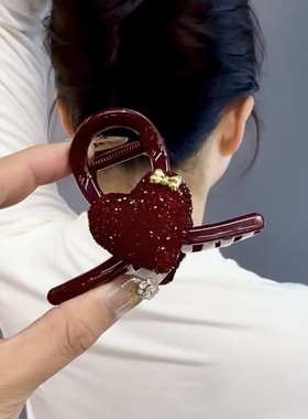 新年红色气质水晶爱心抓夹百搭高级感韩版百搭盘发后脑勺发夹头饰