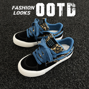 男港风运动休闲街头滑板潮鞋 黑豹纹翻毛皮透气板鞋 子潮鞋 男鞋