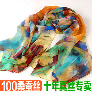 飘逸梦幻轻薄 100％桑蚕丝雪纺长巾真丝丝巾丝绸围巾围脖春天印象