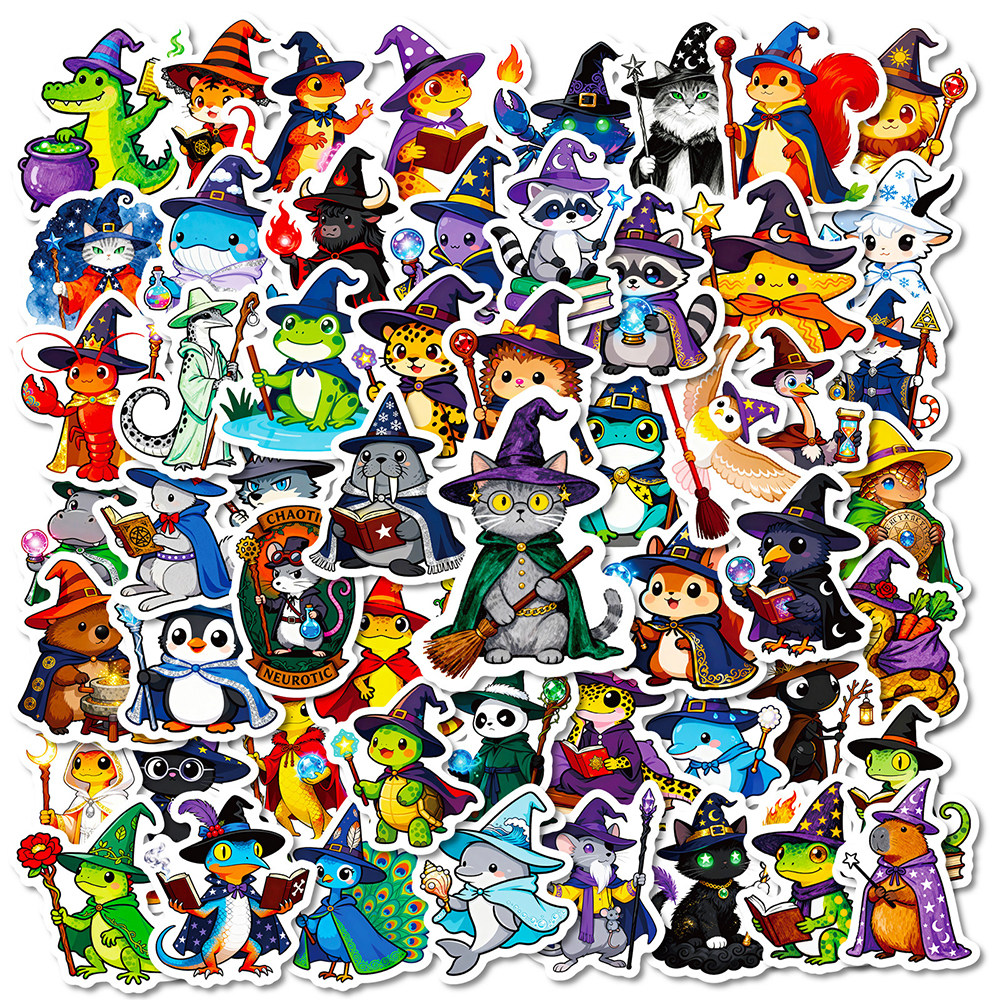 112张动物巫师贴纸卡通可爱趣味猫咪企鹅乌龟魔法师diy素材装饰