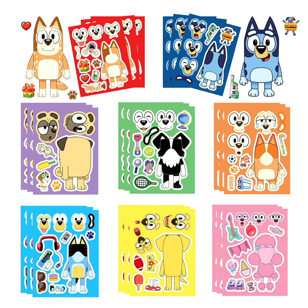 16张BIuey布鲁伊拼图贴纸卡通儿童玩具可爱趣味换脸手工拼贴贴