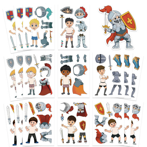 16张骑士拼图贴纸卡通可爱人物拼贴盔甲装饰玩具diy水杯桌面贴画
