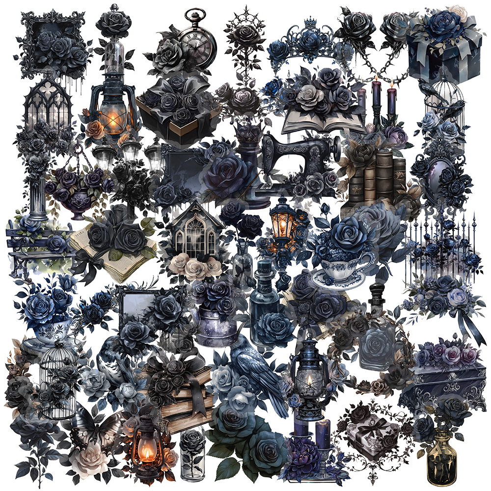 112张黑暗玫瑰PET贴纸卡通创意花卉素材贴画diy桌面手帐本