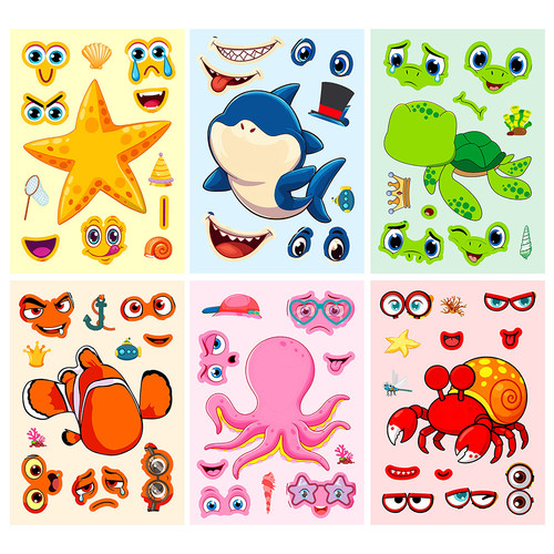 12张海洋生物拼图贴纸卡通创意趣味儿童玩具手工组装拼贴diy贴画