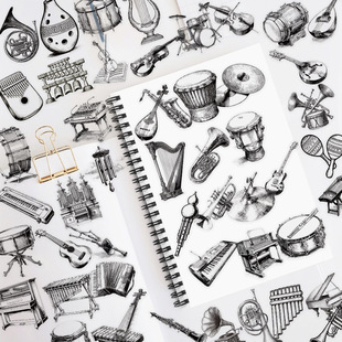 100张黑白乐器PET贴纸简约素描萨克斯电子琴架子鼓图案素材装 饰贴