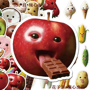 106张爆款 猎奇苹果贴纸趣味搞怪抽象食物表情包手帐本手机壳贴画