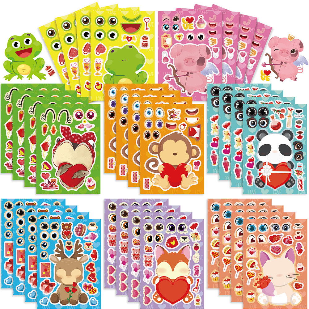 16张情人节动物拼图贴纸趣味创意儿童手工益智拼贴桌面贴画自粘,玩具/童车/益智/积木/模型,贴纸,淘宝优惠券,粉丝福利购,淘宝优惠卷