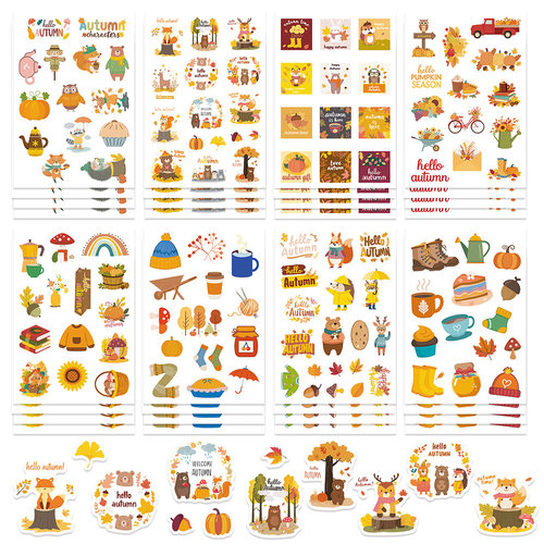 16张秋季拼图贴纸ins风文艺精美创意季节装饰素材贴画diy手账水杯