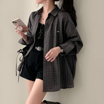 时尚起义铭牌格子棉质宽松衬衫