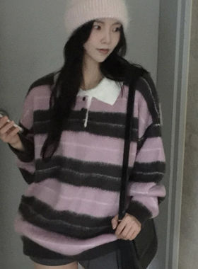 时尚起义韩国甜美2025秋冬拼色polo领条纹宽松针织衫sg25100207