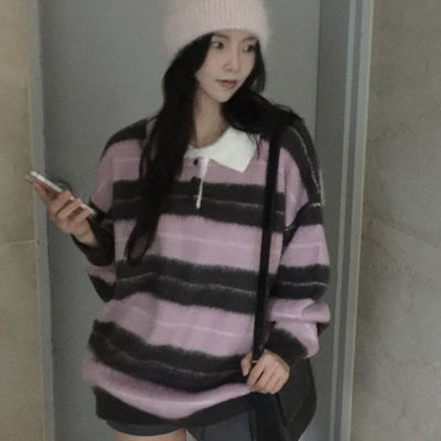 时尚起义韩国甜美2025秋冬拼色polo领条纹宽松针织衫sg25100207
