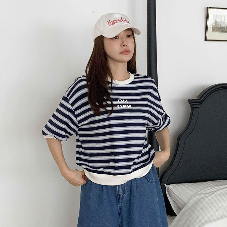 夏新onoff字母条纹短袖T恤