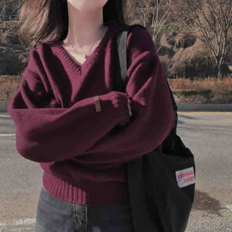 时尚起义袖标V领宽松轻薄针织衫