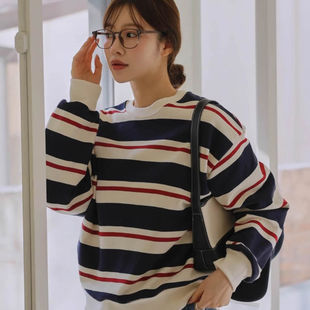 时尚起义韩国代购甜美2026春新拼色圆领全棉学院风卫衣md26012207