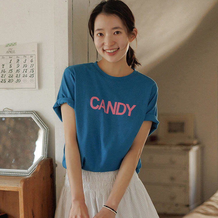 时尚起义韩国代购甜美2026春夏candy字母圆领短袖T恤jo26041505