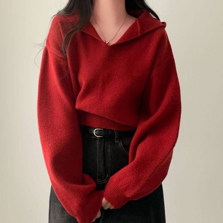 时尚起义韩国代购甜美2026春新V连帽领轻薄短腰针织衫on26012110