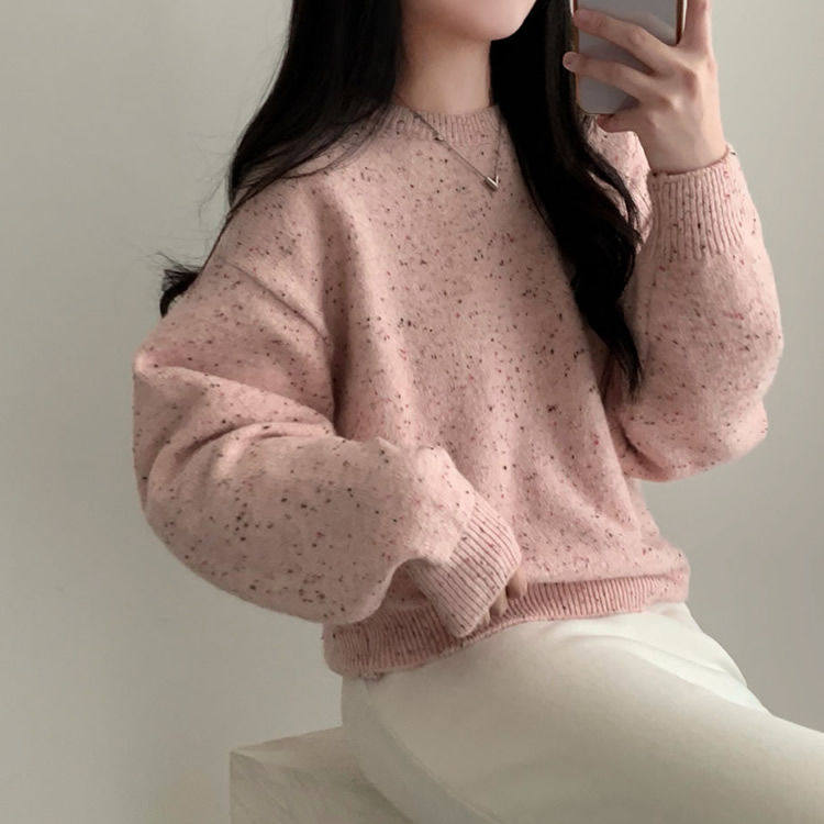 时尚起义韩国甜美2026春新圆领彩点针织宽松长袖毛衣on26012107