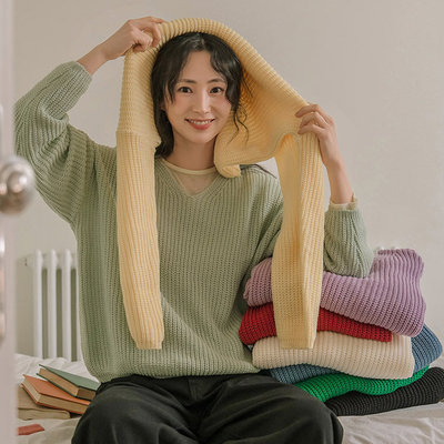 时尚起义V领纯色宽松毛衣针织衫