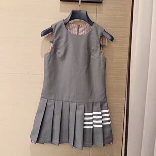 学院风拼接织带背心百褶连衣裙2026夏季 设计感无袖 西装 裙子潮 新款
